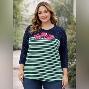 Kim Rogers Mixed Print Floral Stripe Top 3/4 Sleeve Navy Green Size XL
